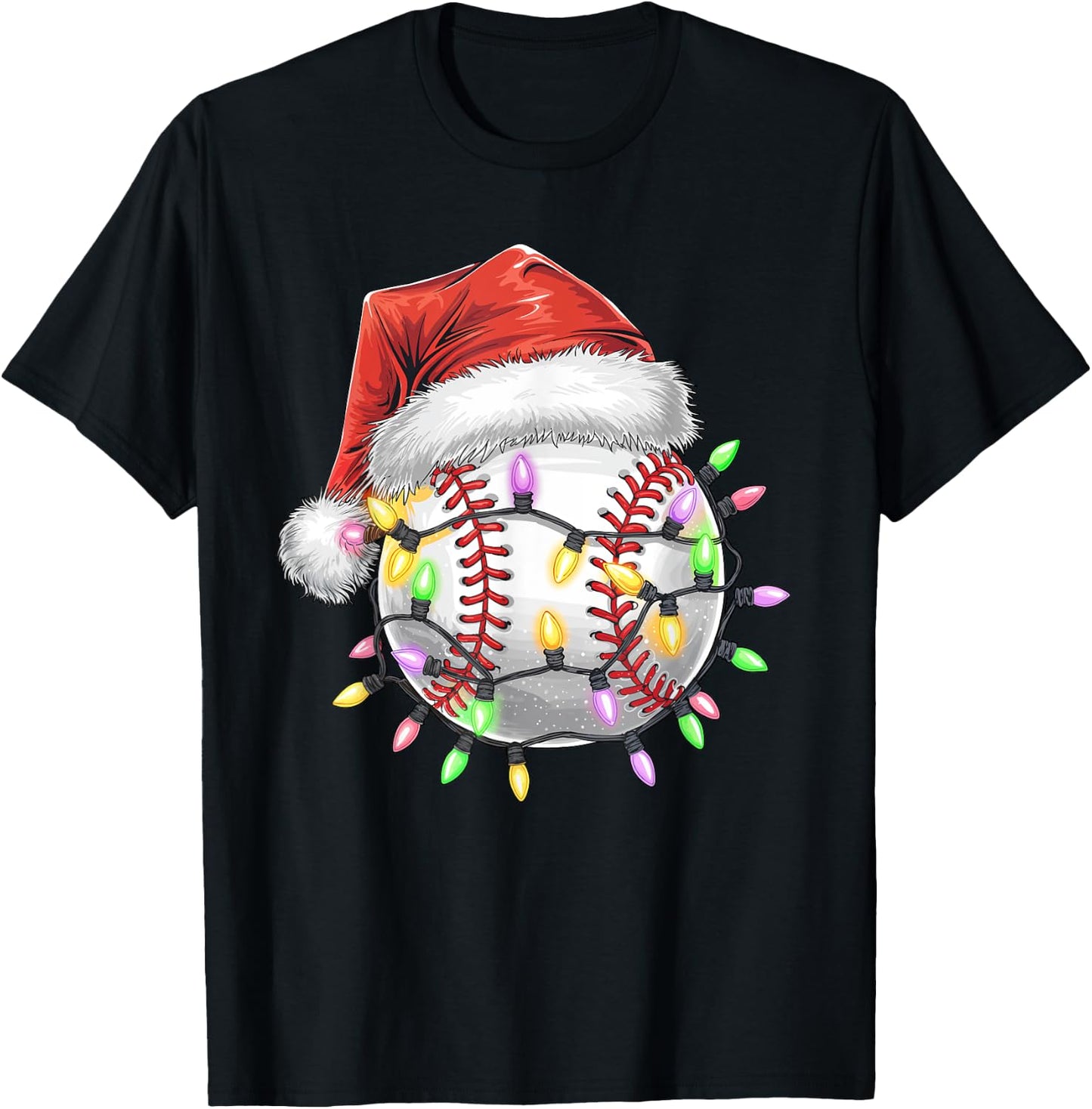 Baseball Christmas Lights Men Boys Youth Santa Sports T-Shirt - T-Shirt | Black
