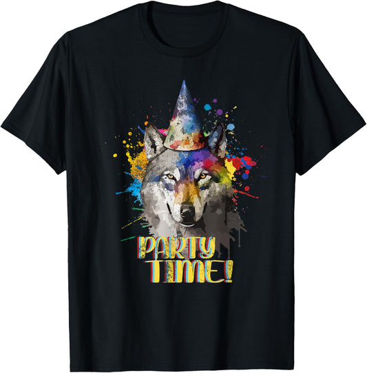 Party Wolf Birthday Theme Celebration Wolves Lover Painting T-Shirt - T-Shirt | Black