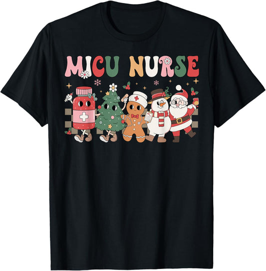 MICU Nurse Christmas Tree Gingerbread Nurse Retro T-Shirt - T-Shirt | Black