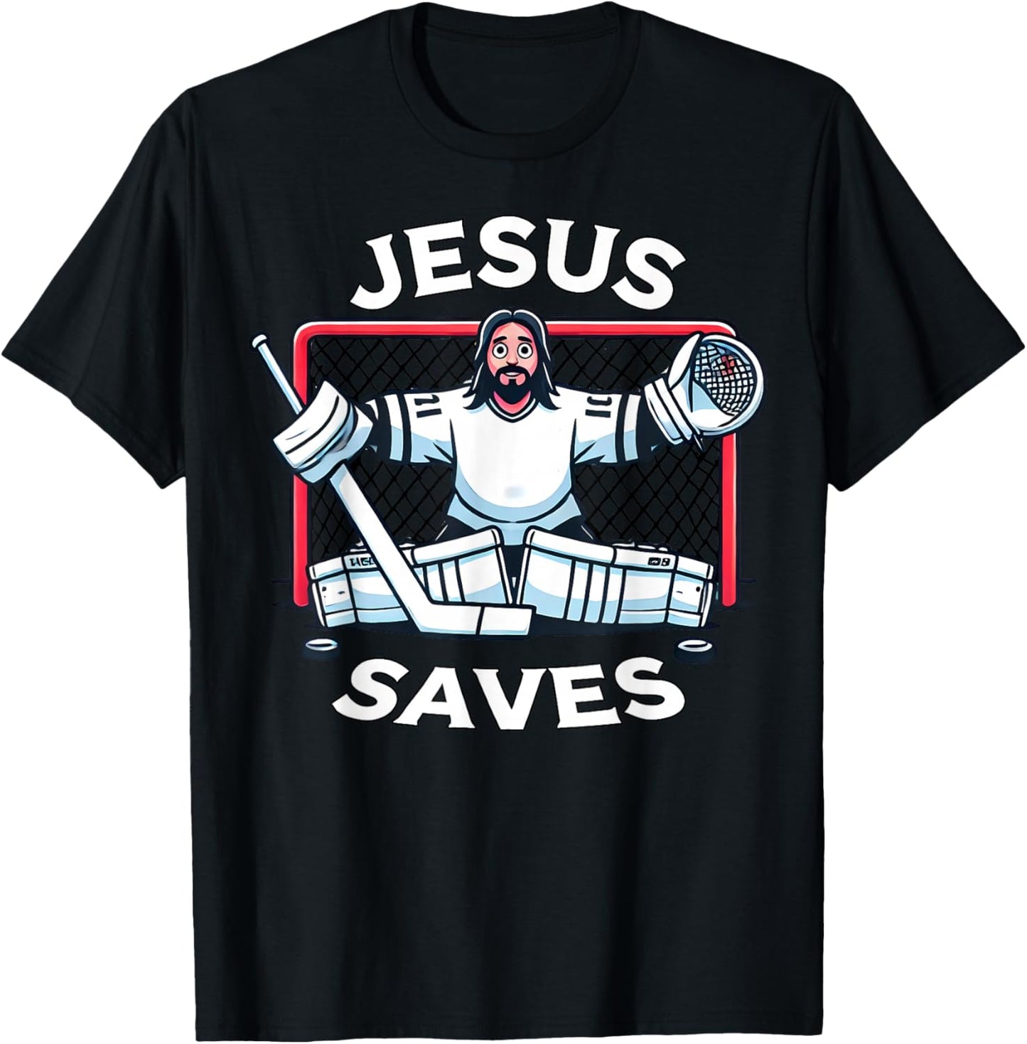Funny Hockey Jesus Saves Goalie Sports Humor T-Shirt - T-Shirt | Black