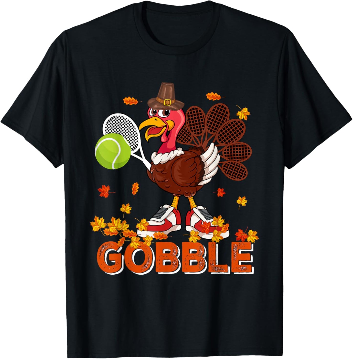 Vintage Gobble Thanksgiving Turkey Playing Tennis Player T-Shirt - T-Shirt | Black