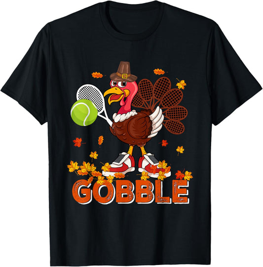 Vintage Gobble Thanksgiving Turkey Playing Tennis Player T-Shirt - T-Shirt | Black