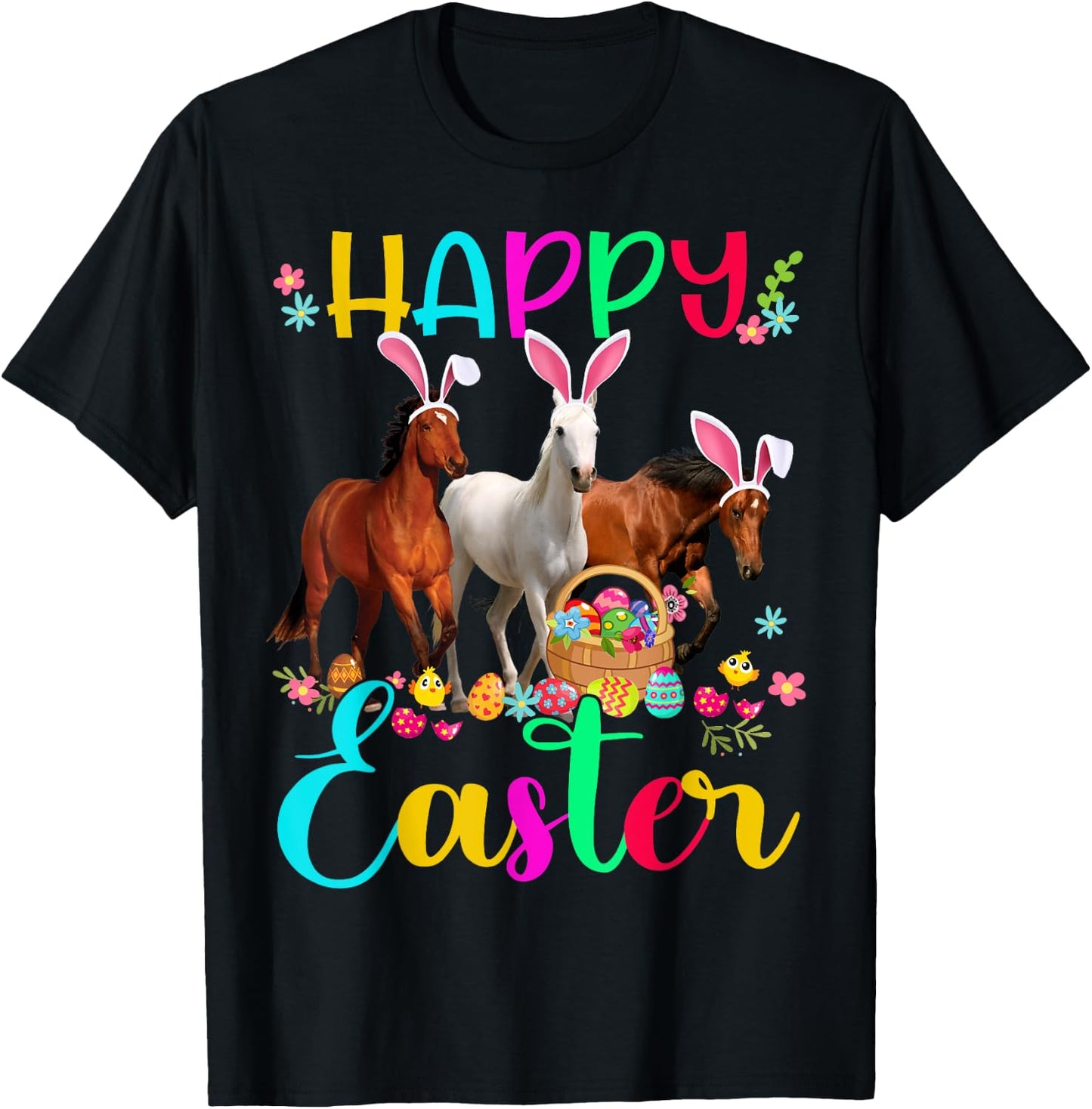 Happy Easter Horse Lover Three Horse Wearing Bunny Ear T-Shirt - T-Shirt | Black