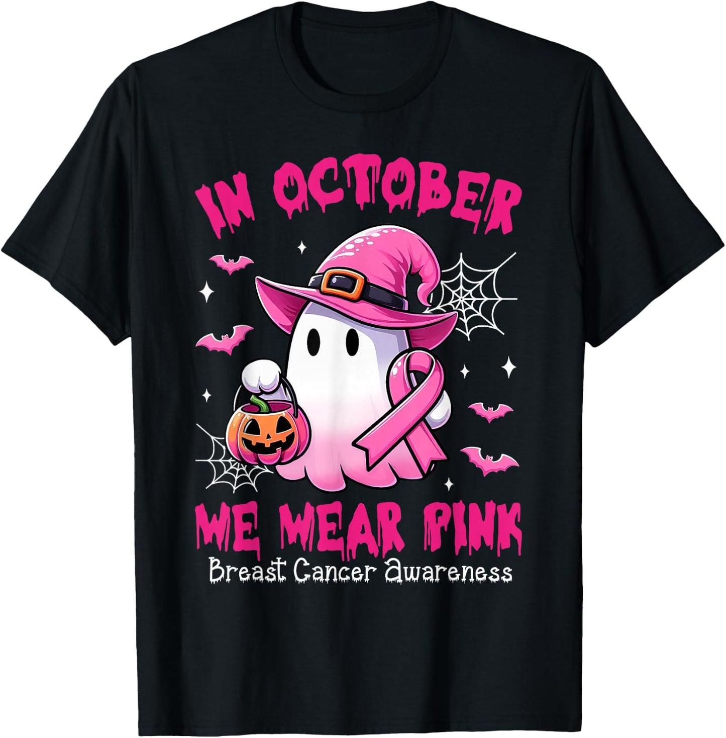 In October We Wear Pink Ghost Witch Breast Cancer Awareness T-Shirt - T-Shirt | Black