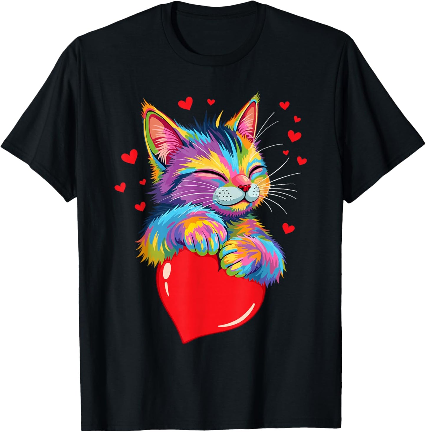 Valentines Day Cat And Love Heart Women Girls Cats Lover T-Shirt - T-Shirt | Black