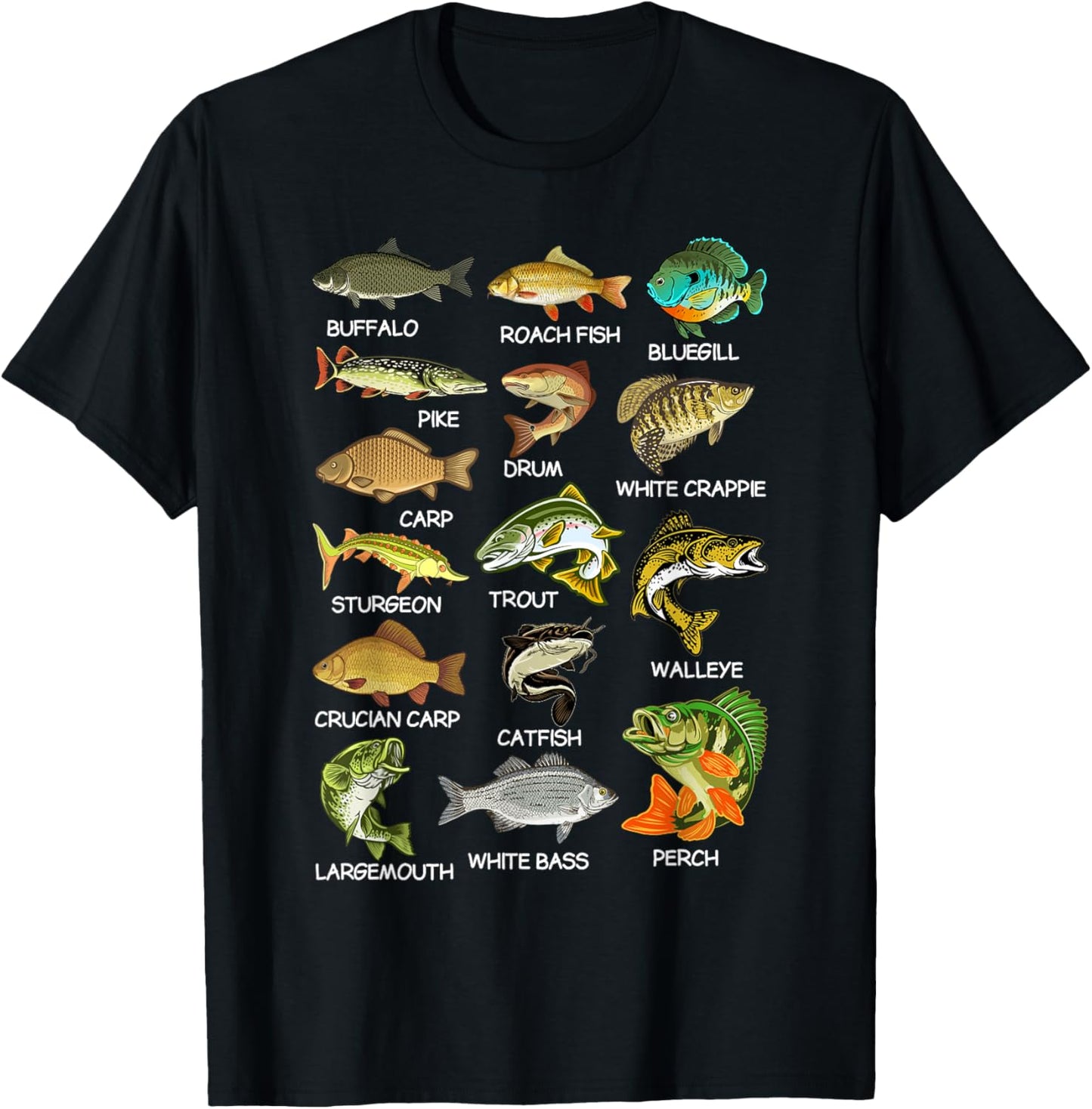 Types Of Freshwater Fish Species Fishing Fisherman Anglers T-Shirt - T-Shirt | Black