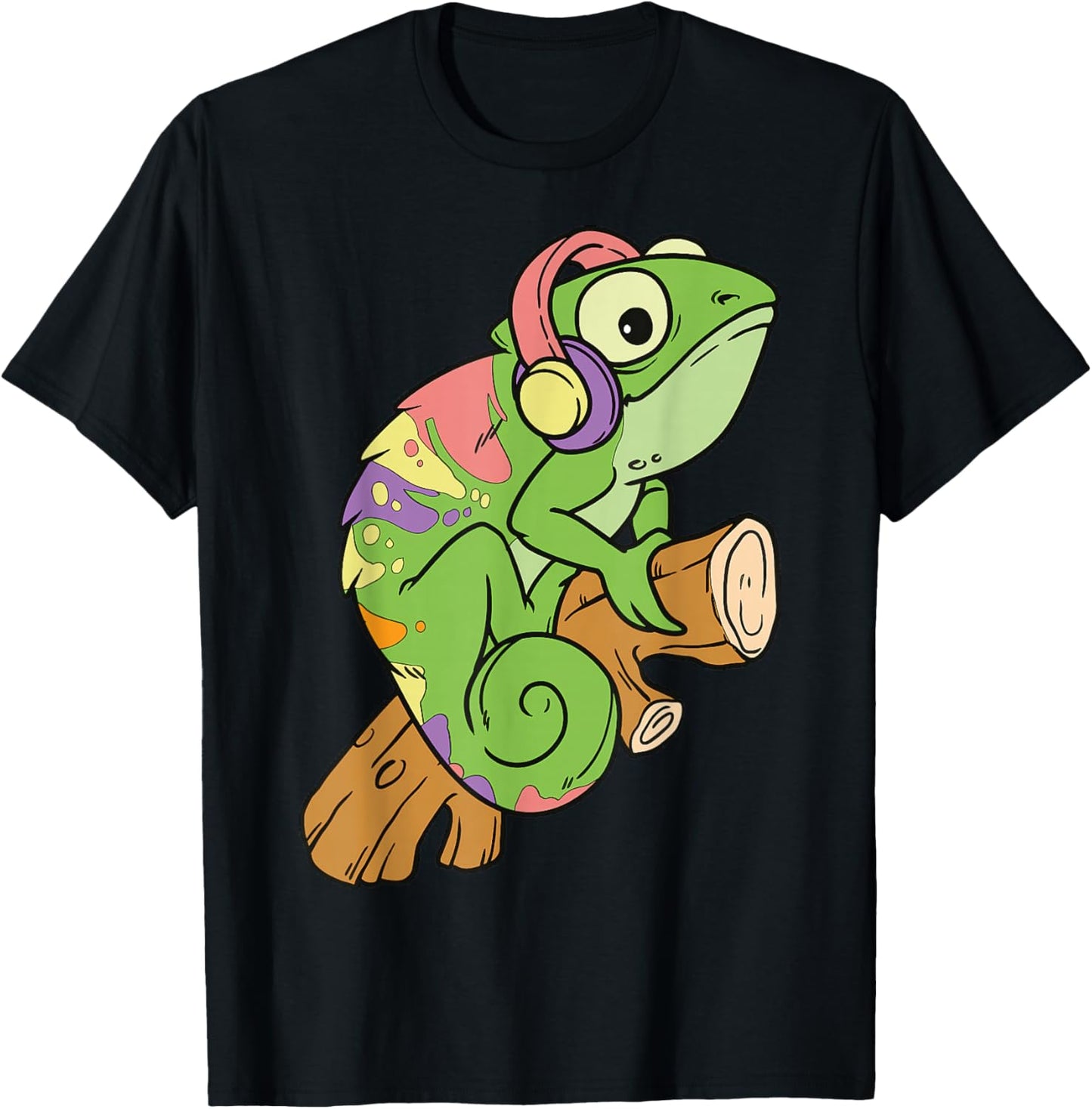 Cartoon Chameleon With Headphones Fun Illustration T-Shirt - T-Shirt | Black