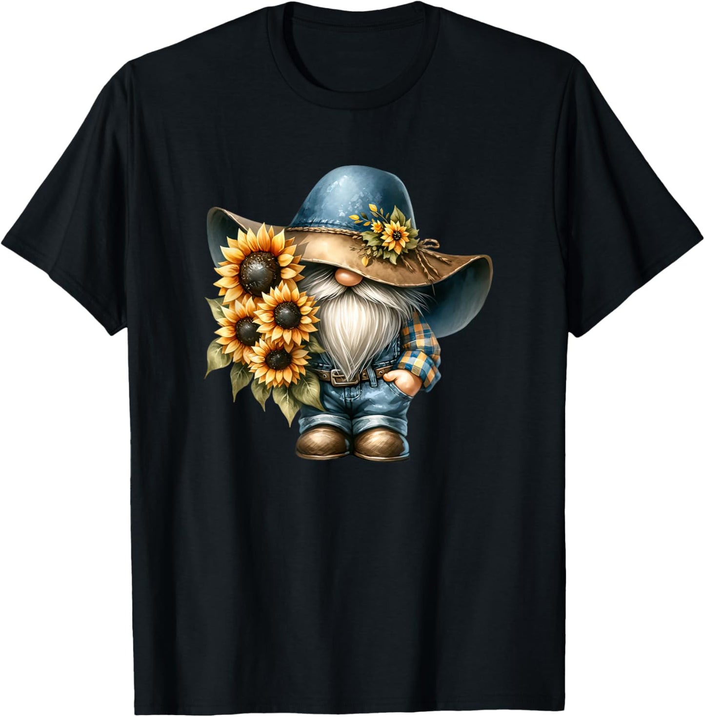 Cute Sunflower Gnome Graphic And Hippies Floral T-Shirt - T-Shirt | Black