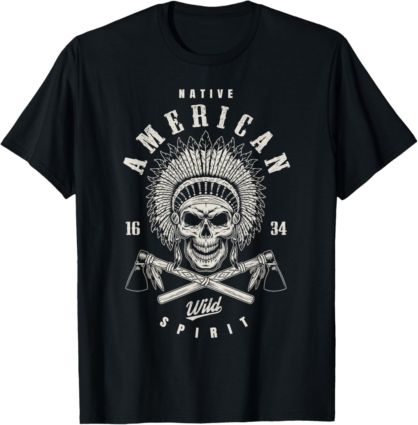 Native American Chief Skull with Axe and Feather Headpiece T-Shirt - T-Shirt | Black