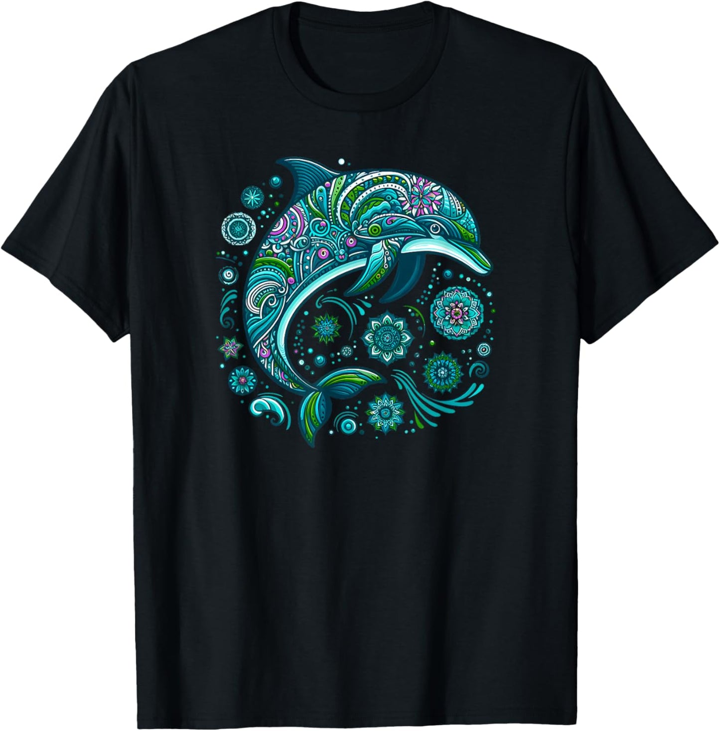 Mandala Türkis Blau Zen Delfin T-Shirt - T-Shirt | Black