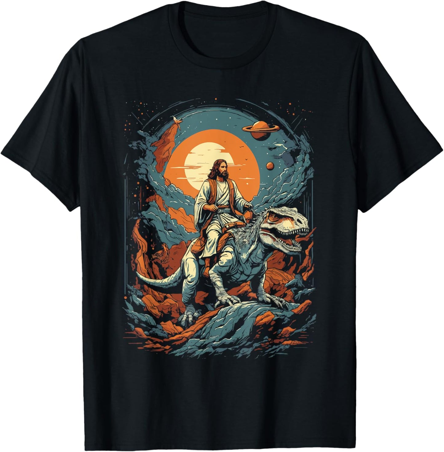 Jesus Riding in Space T-Rex Dinosaur Meme Sci-Fi Believers T-Shirt - T-Shirt | Black