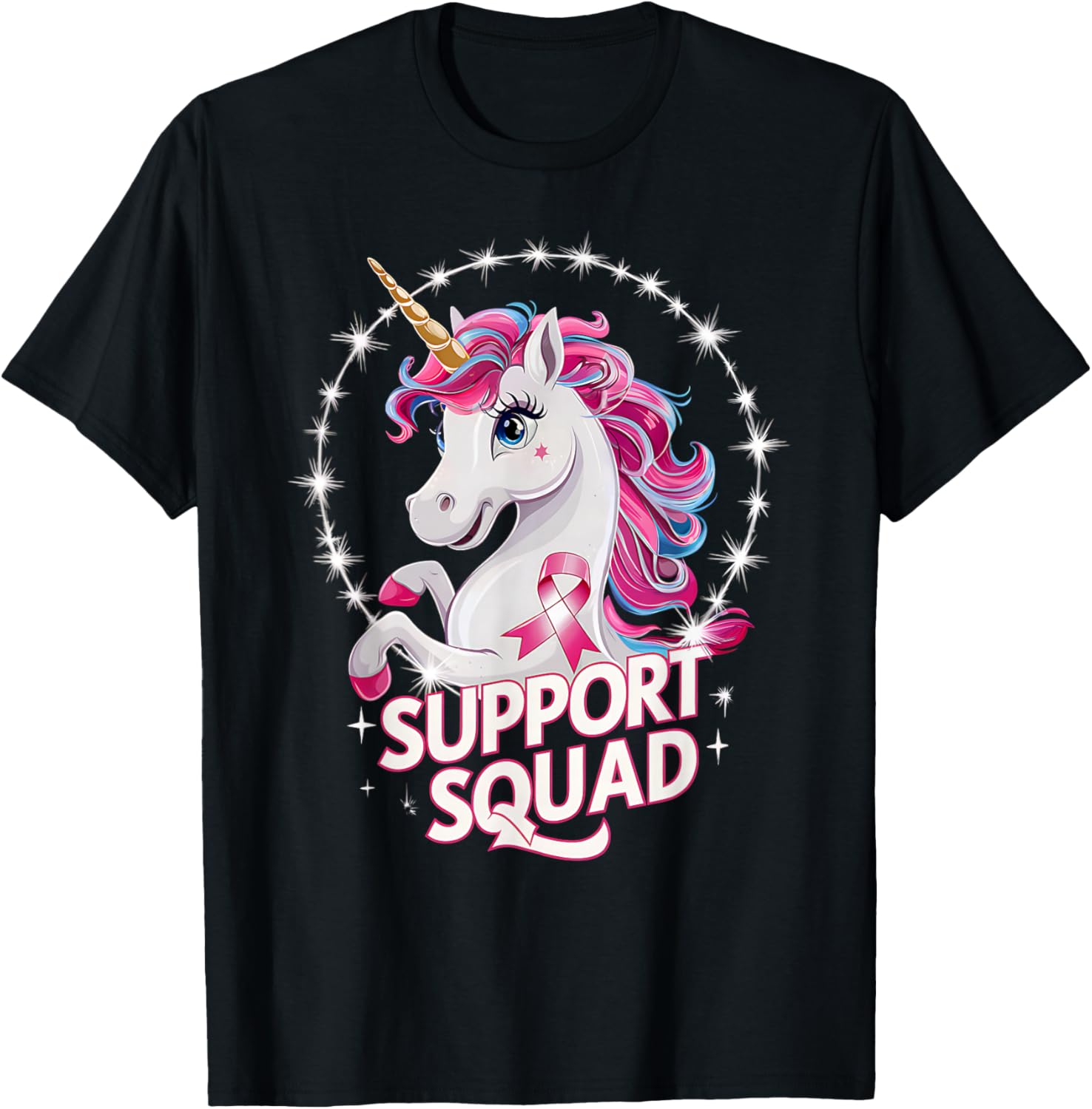 Pink Ribbon Breast Cancer Awareness Support Squad Unicorn T-Shirt - T-Shirt | Black