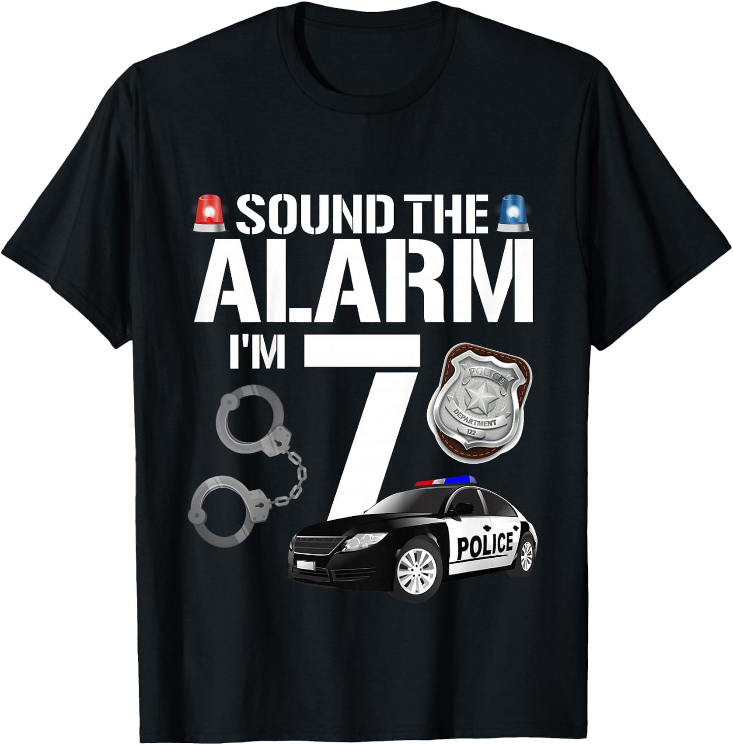 Kids 7 Year Old Police Birthday Officer Cop Car 7th Gift Boy T-Shirt - T-Shirt | Black
