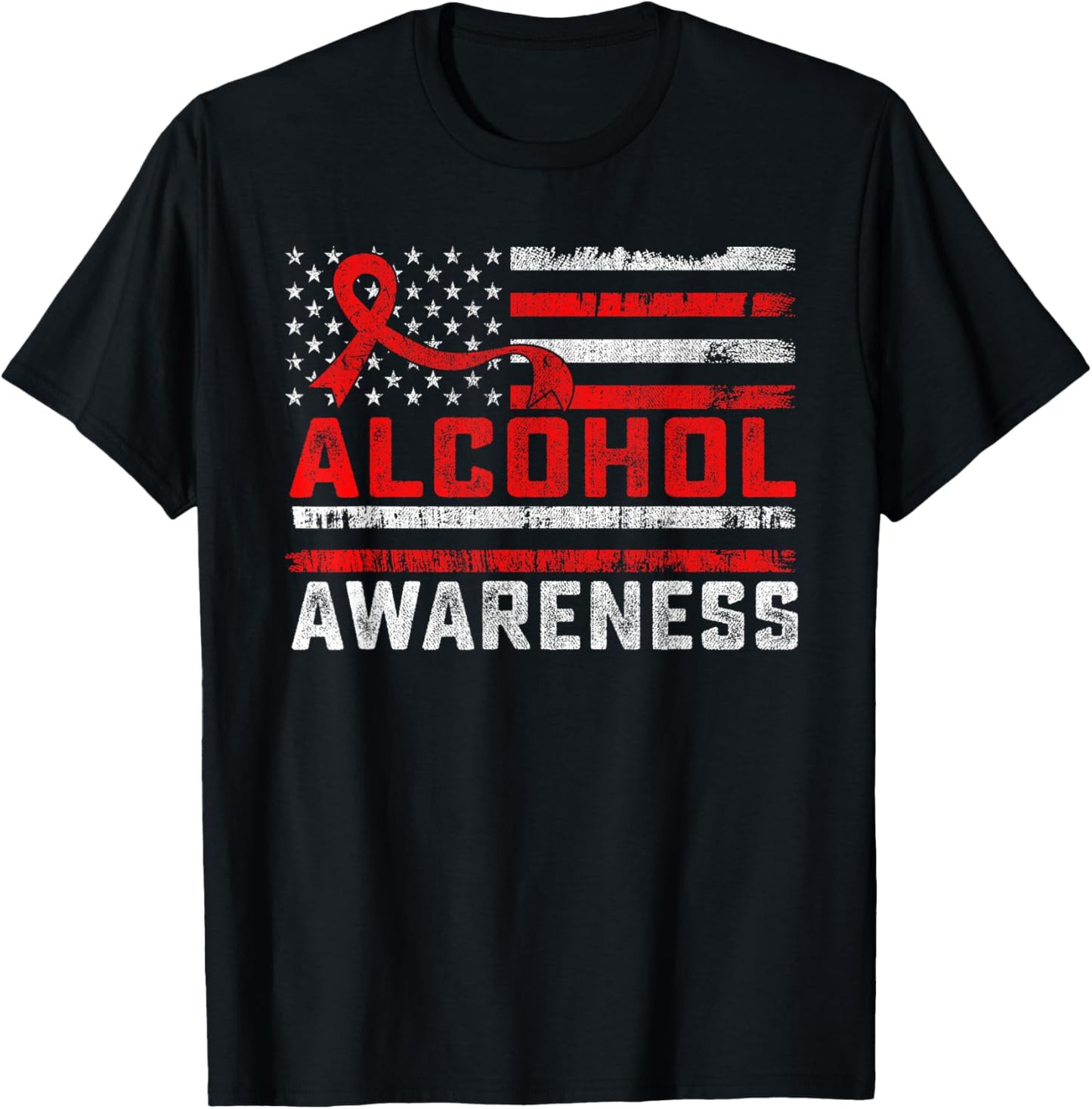Alcohol Awareness Month American Flag Red Ribbon Women Men T-Shirt - T-Shirt | Black