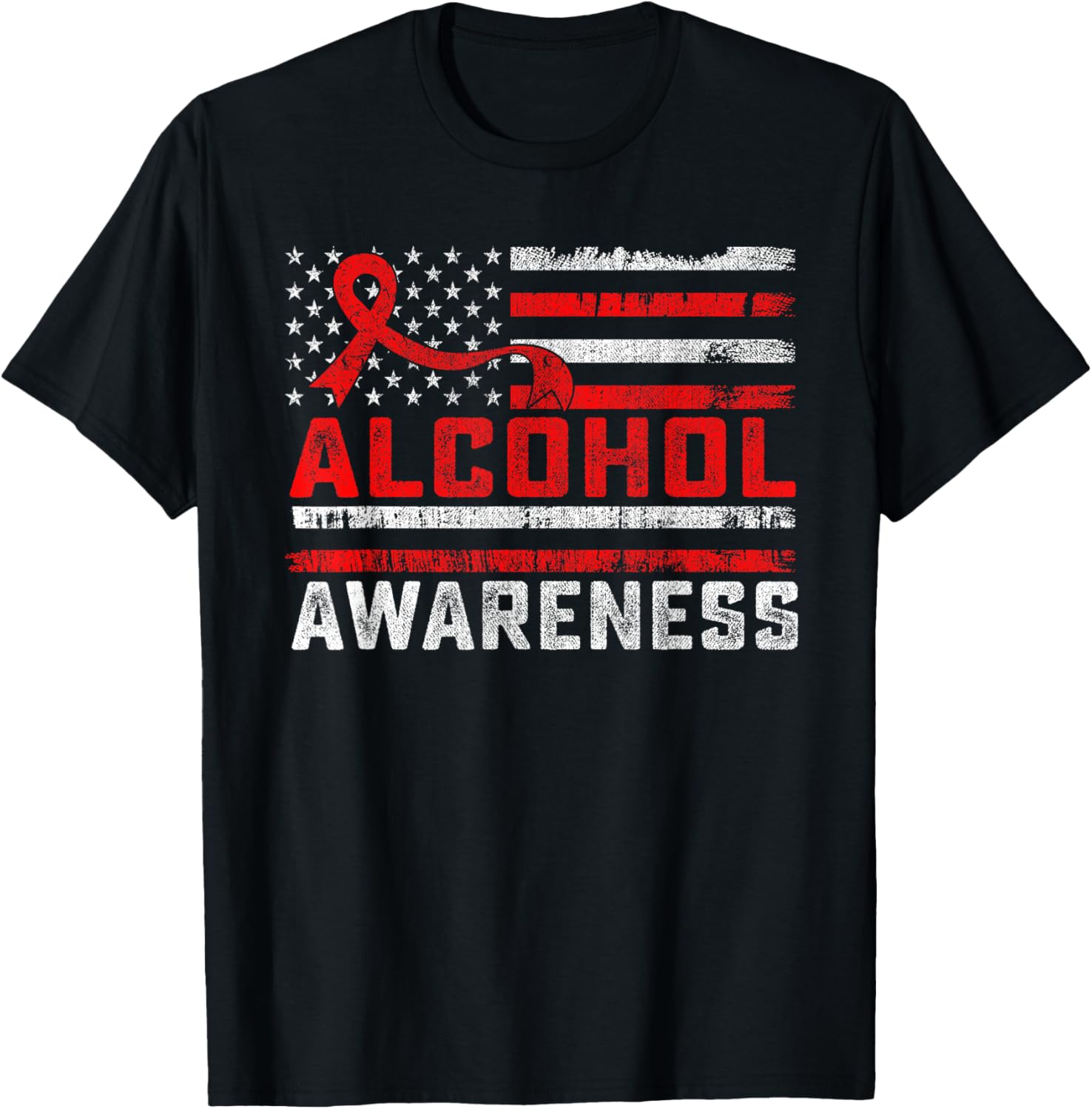 Alcohol Awareness Month American Flag Red Ribbon Women Men T-Shirt - T-Shirt | Black