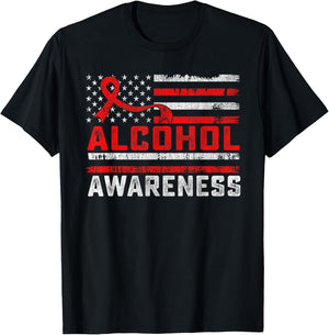Alcohol Awareness Month American Flag Red Ribbon Women Men T-Shirt - T-Shirt | Black