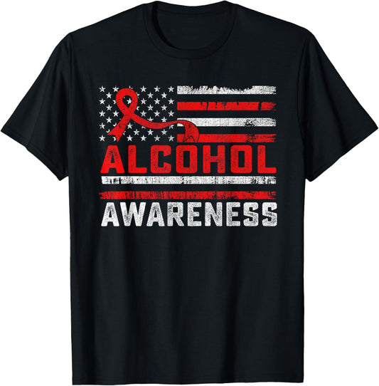 Alcohol Awareness Month American Flag Red Ribbon Women Men T-Shirt - T-Shirt | Black