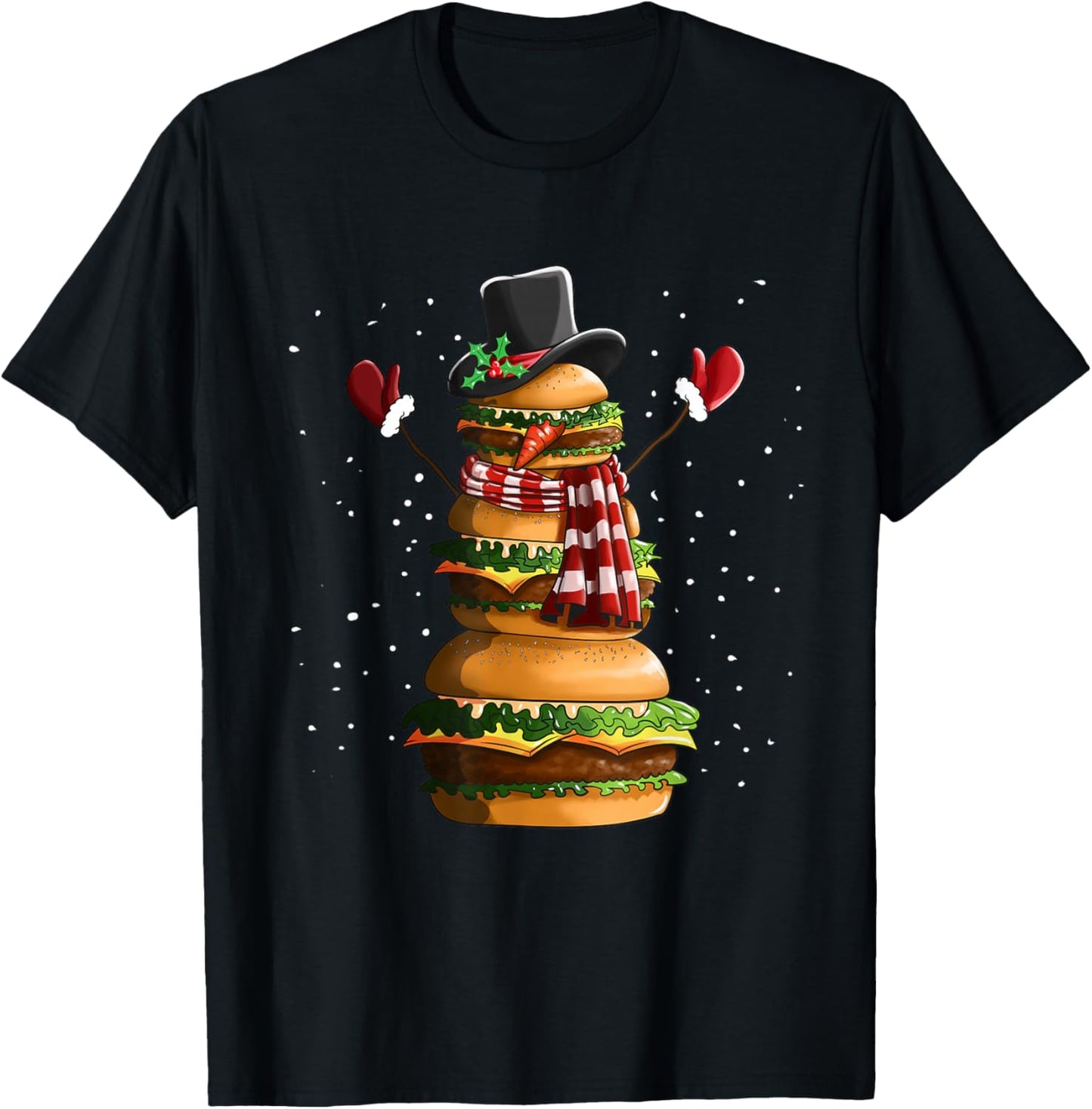 Snowman Made Of Burgers Cheeseburger Fast Food Christmas T-Shirt - T-Shirt | Black