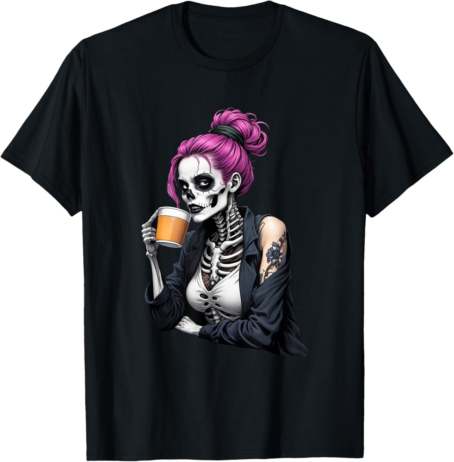 Spooky Halloween Skeleton Messy Bun Drinking Coffee Women T-Shirt - T-Shirt | Black