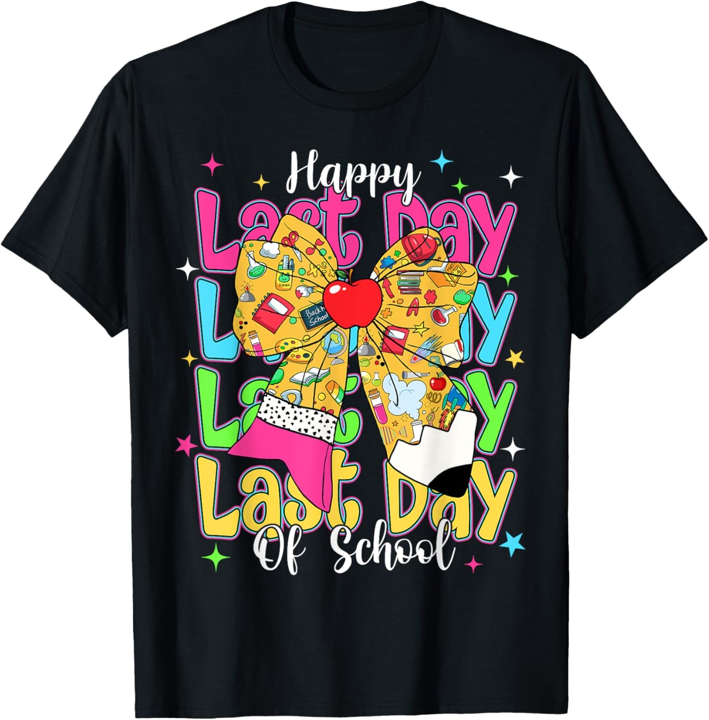 Happy Last Day Of School Pencil Coquette Bow Teacher Kids T-Shirt - T-Shirt | Black