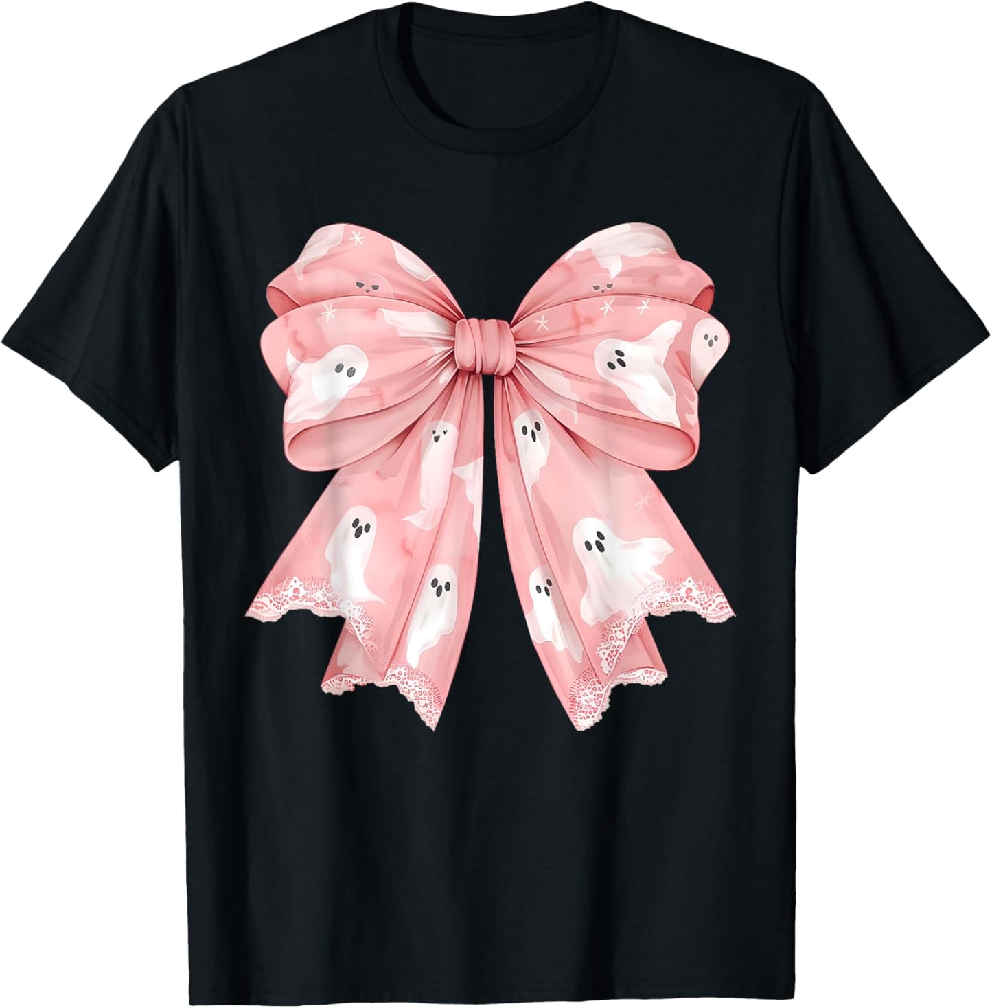 Pink Ghost Bow Coquette Halloween Spooky Season Girls T-Shirt - T-Shirt | Black