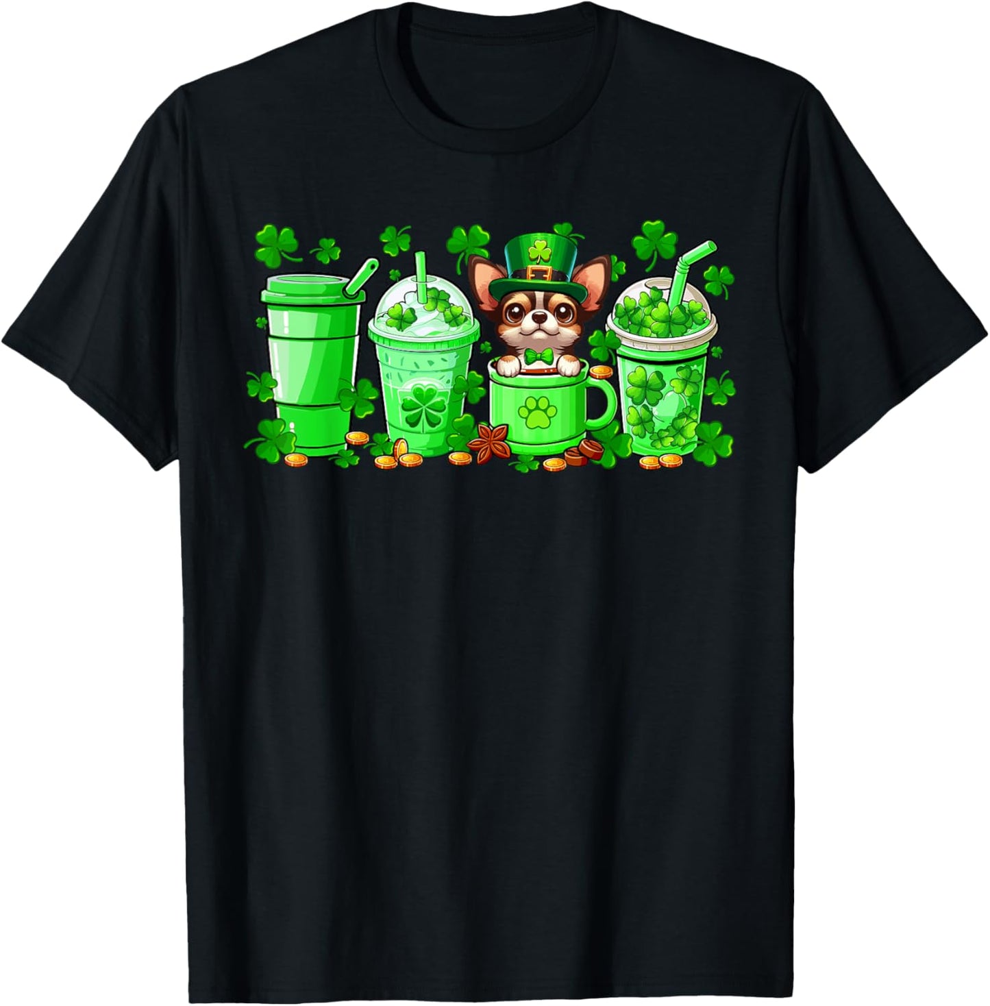 Chihuahua Inside Cup Coffees St. Patrick's Day Shamrocks T-Shirt - T-Shirt | Black