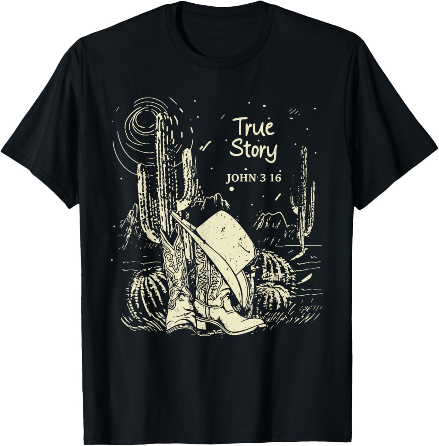 True-Story John 3:16 Boot with Hat Cowgirl Cactus T-Shirt - T-Shirt | Black