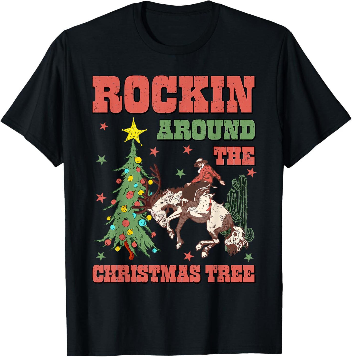 Rocking Around The Christmas Tree Cowboy Riding Horse Xmas T-Shirt - T-Shirt | Black