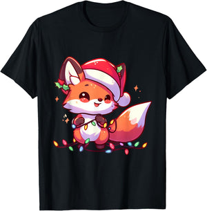 Merry Foxmas Christmas Lights Cute Fox Santa Hat T-Shirt - T-Shirt | Black