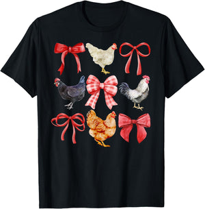 Coquette Chickens, Chickens and Bows, Watercolor T-Shirt - T-Shirt | Black