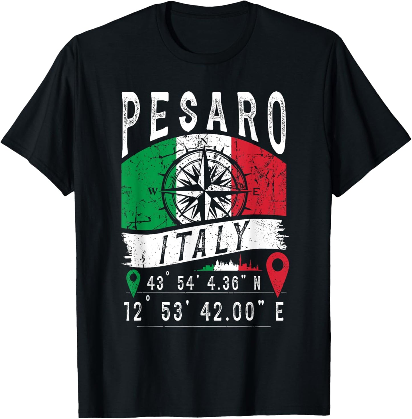 Pesaro Italy Flag Italia GPS Coordinates Of Pesaro T-Shirt - T-Shirt | Black