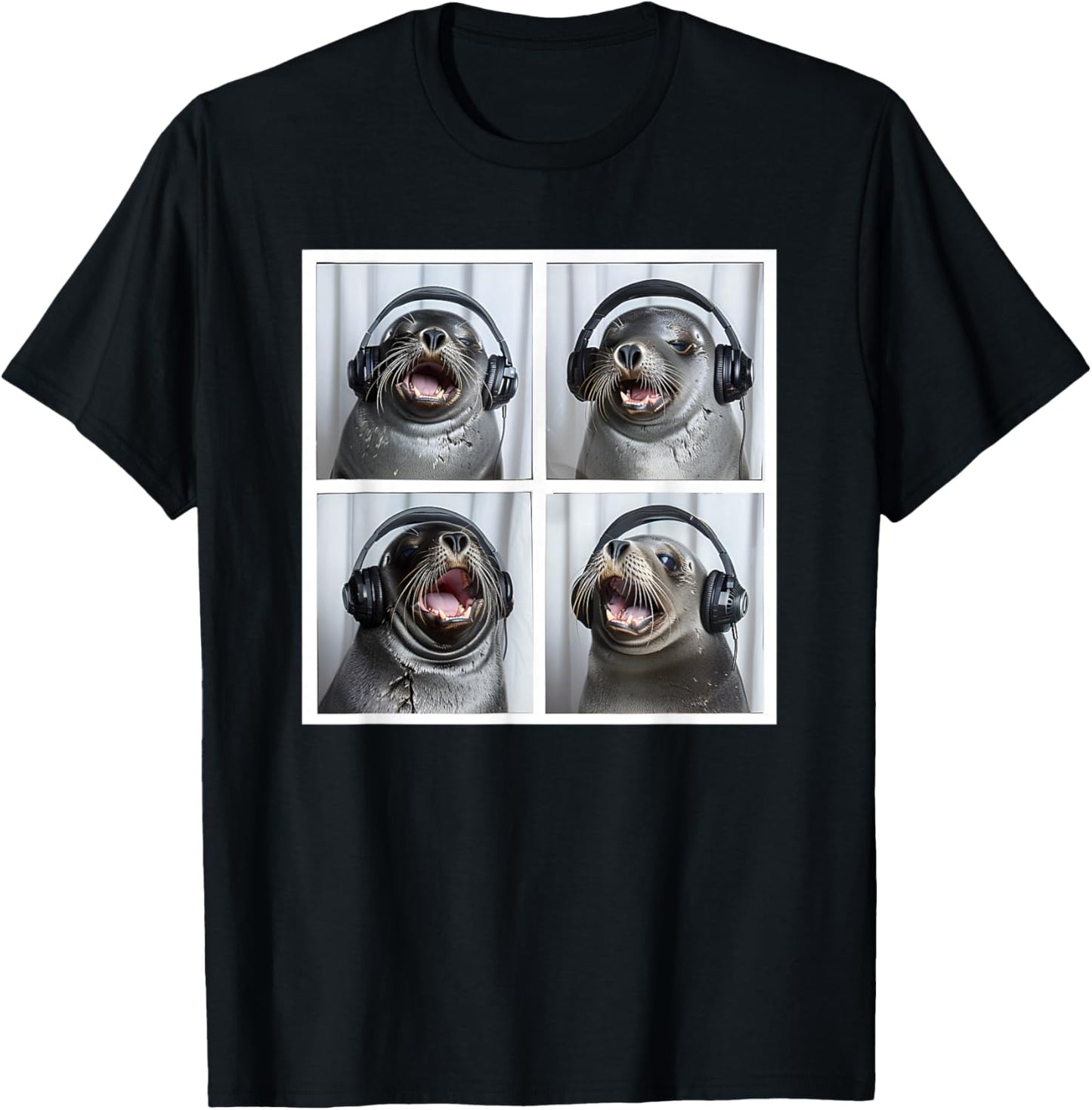Seal Wearing Headphones Animal Music Sea Lion Singing Seal T-Shirt - T-Shirt | Black