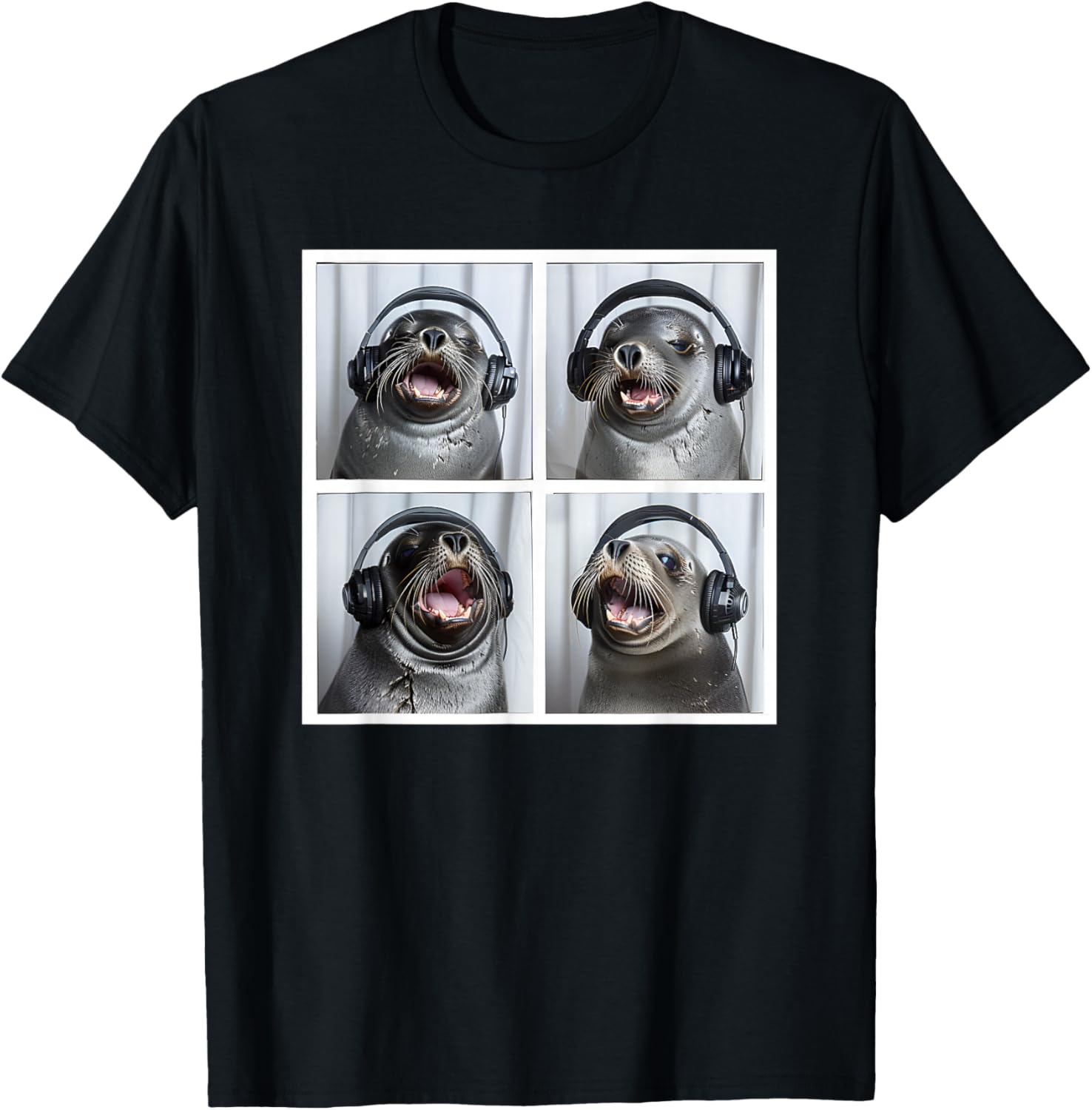 Seal Wearing Headphones Animal Music Sea Lion Singing Seal T-Shirt - T-Shirt | Black