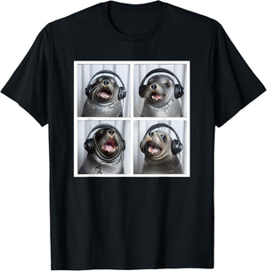 Seal Wearing Headphones Animal Music Sea Lion Singing Seal T-Shirt - T-Shirt | Black