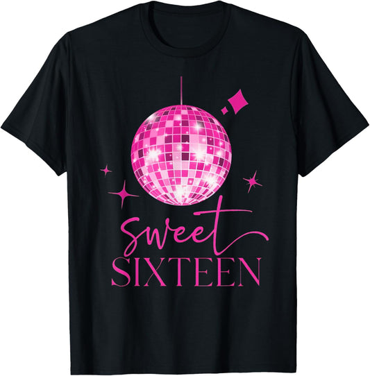 Sweet 16 Year Old 16th Birthday Queen Girls Disco Party T-Shirt - T-Shirt | Black