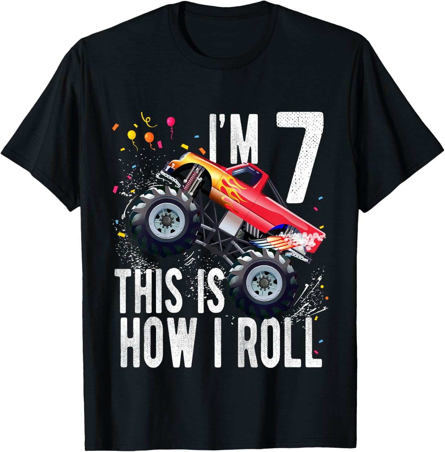 Kids 7 Year Old Shirt 7th Birthday Boy Monster Truck Car T-Shirt - T-Shirt | Black