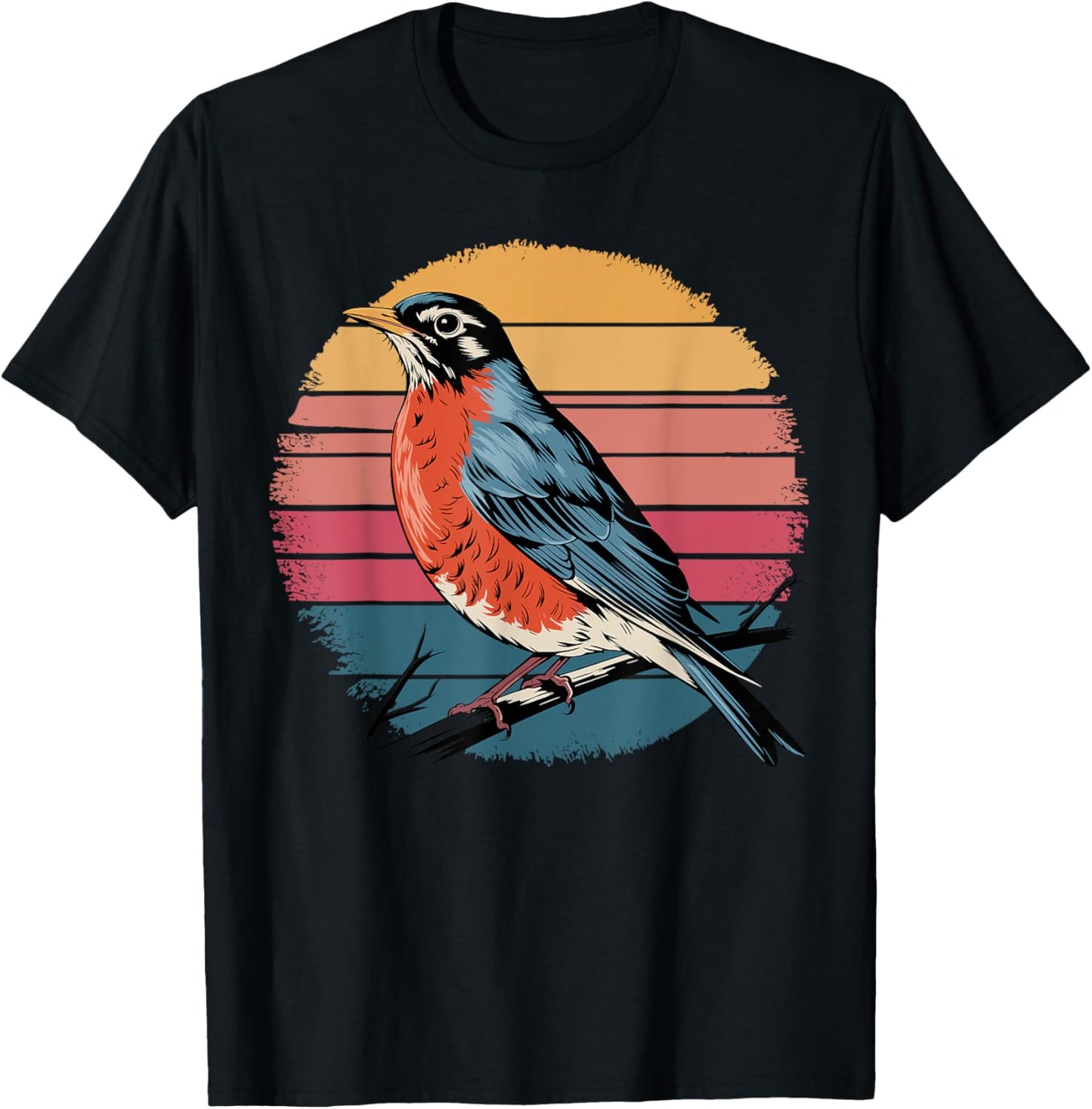 American Robin Bird Lover Vintage Retro Sunset Bird Watching T-Shirt - T-Shirt | Black