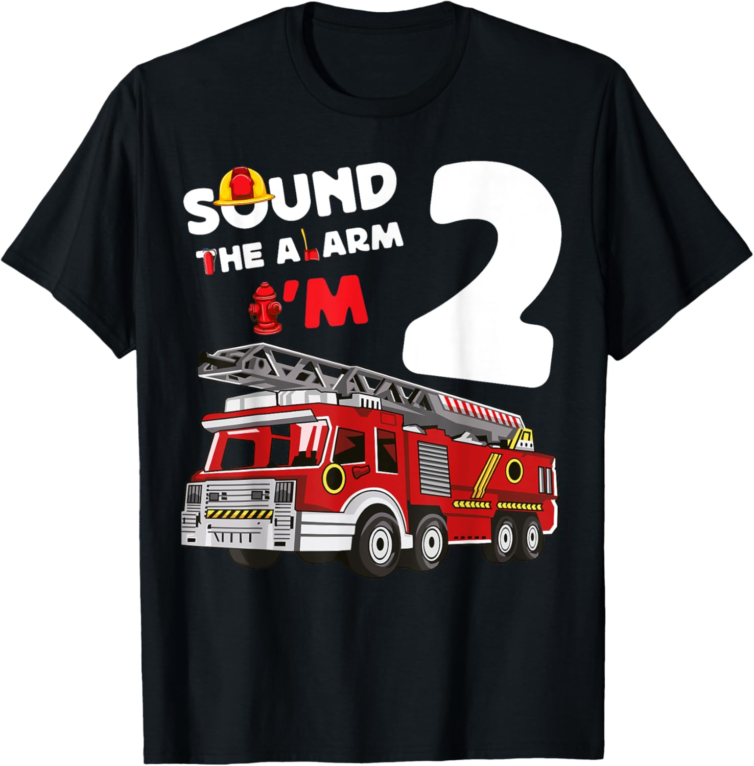 Sound Alarm I'm 2 Fire Truck 2nd Birthday Firefighter Kids T-Shirt - T-Shirt | Black