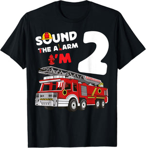 Sound Alarm I'm 2 Fire Truck 2nd Birthday Firefighter Kids T-Shirt - T-Shirt | Black