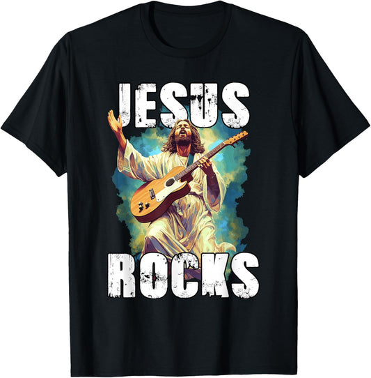 Jesus Rocks with Guitar - Funny Christian Rocks Church T-Shirt - T-Shirt | Black