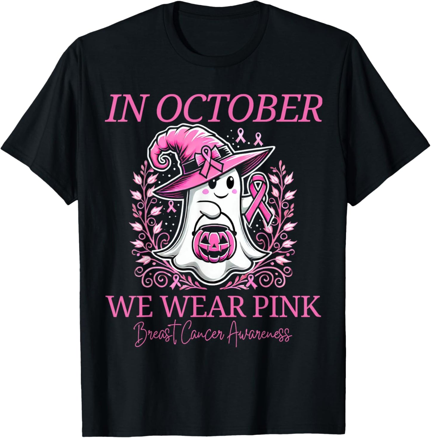 Pink Ghost October Breast Cancer Awareness Halloween T-Shirt - T-Shirt | Black