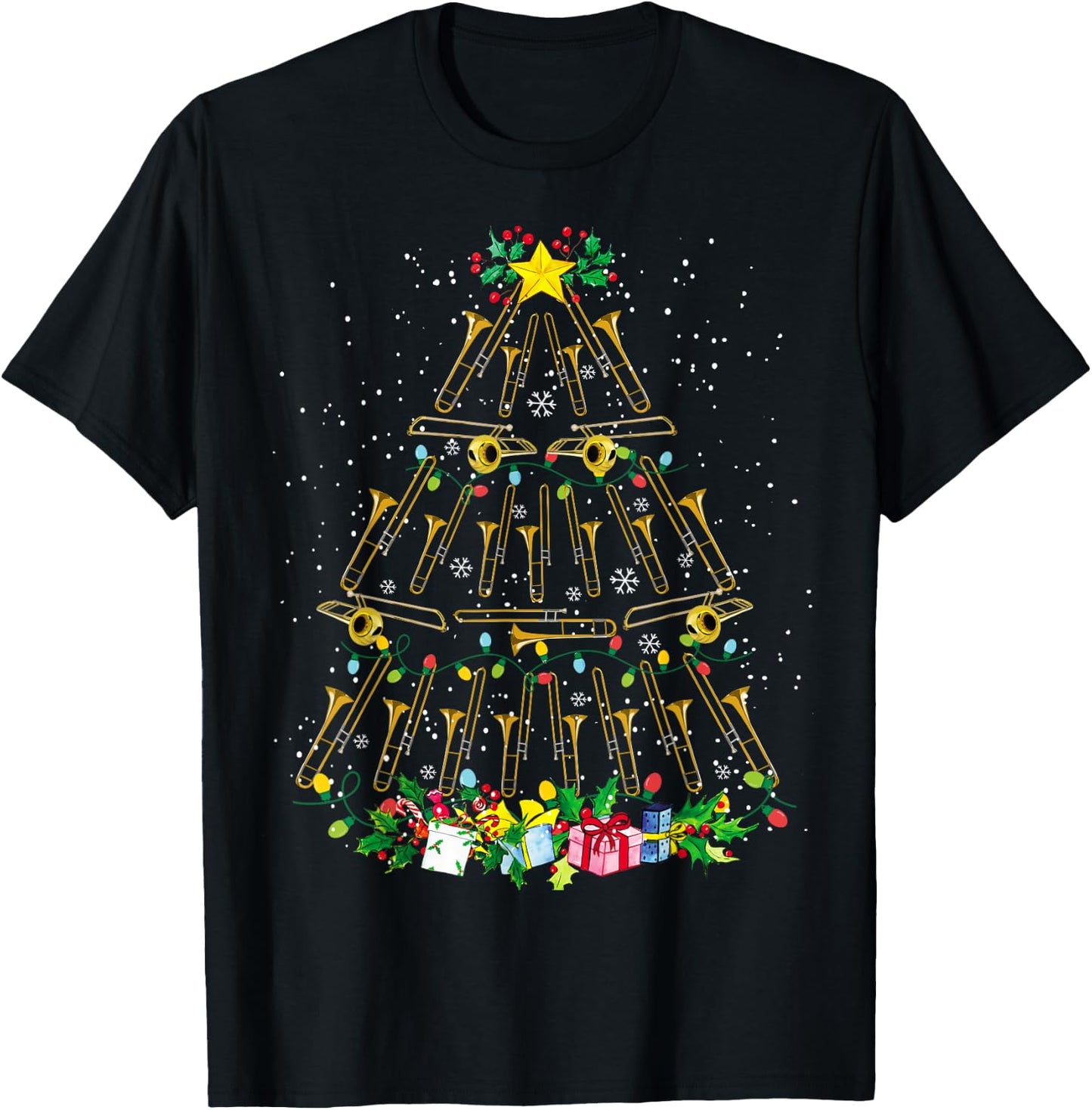 Funny Christmas Trombone Player Xmas Tree Music Lover Santa T-Shirt - T-Shirt | Black