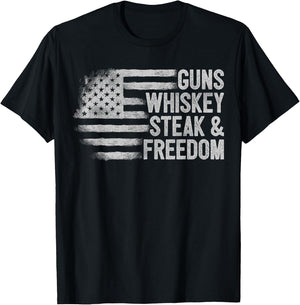 Gun Whiskey Steak & Freedom USA American Flag 2nd Amendment T-Shirt - T-Shirt | Black