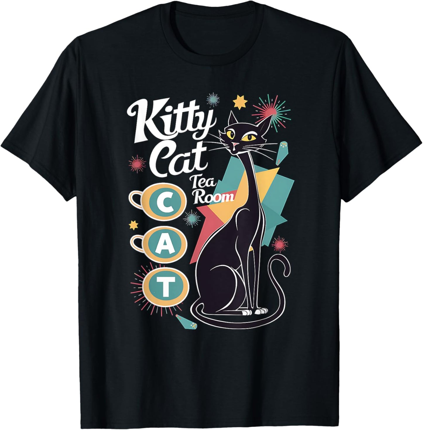 Retro Mid-Century Modern Kitty Cat Tea Room Design Women T-Shirt - T-Shirt | Black