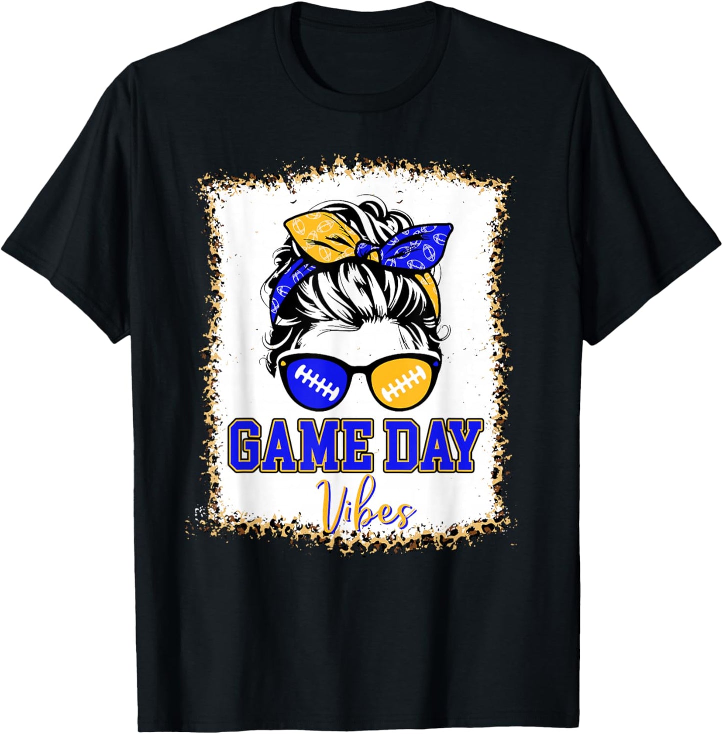 Blue Gold Game Day Vibes Football Women Leopard Print T-Shirt - T-Shirt | Black