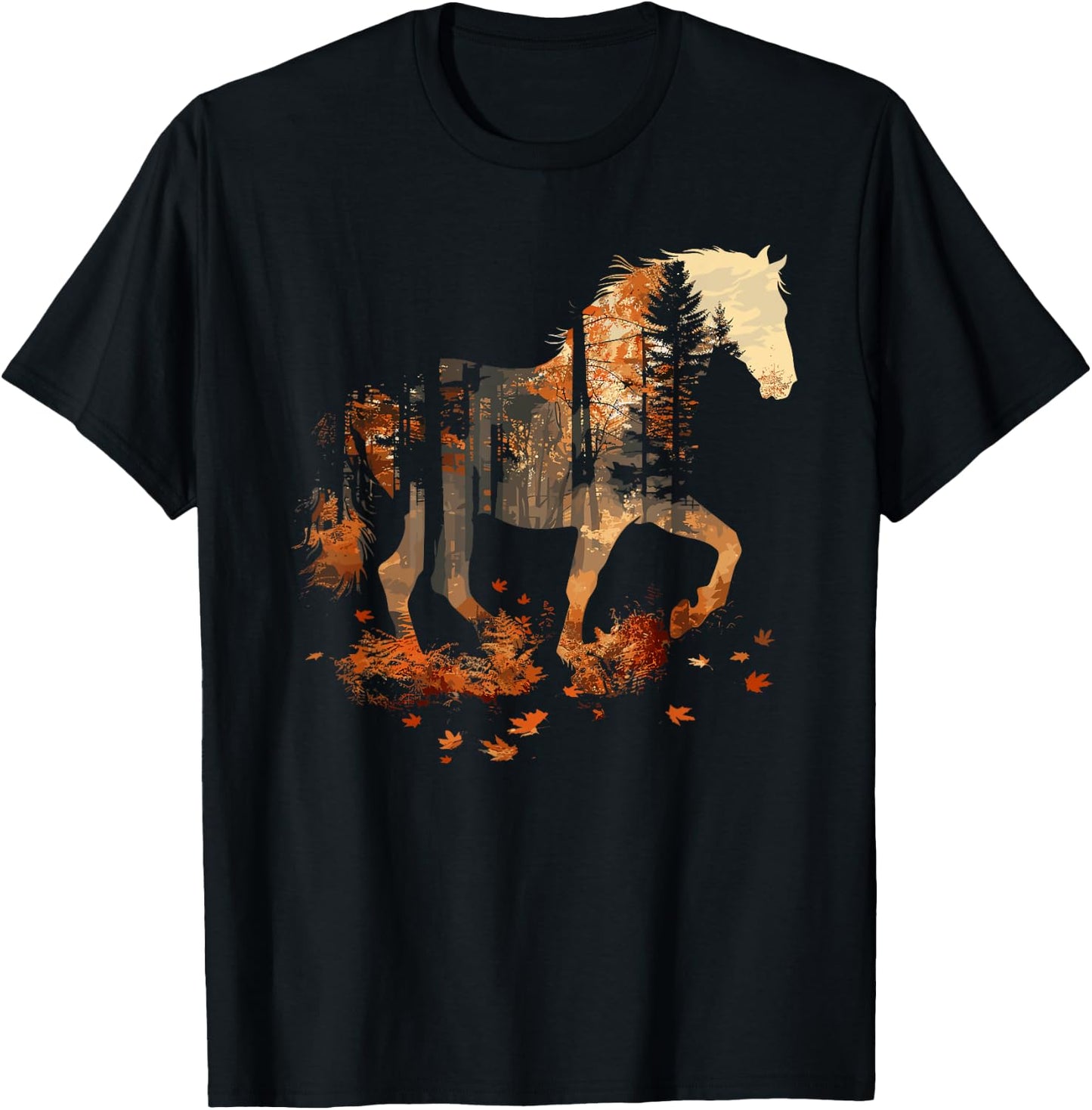 Cute Horse Lover Autumn Leaves Pony Animal Wildlife T-Shirt - T-Shirt | Black