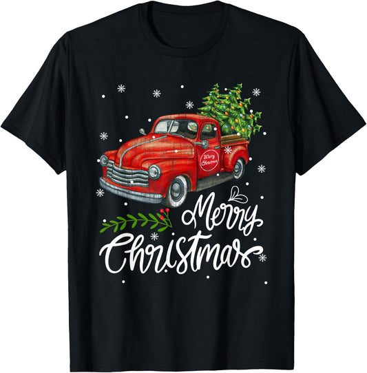 Vintage Wagon Red Truck Christmas Tree Pajama Family Xmas T-Shirt - T-Shirt | Black