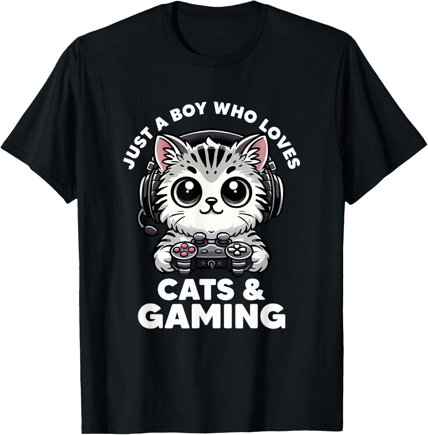 Just A Boy Who Loves Cats & Gaming Boy Cat Dad Funny Gamer T-Shirt - T-Shirt | Black