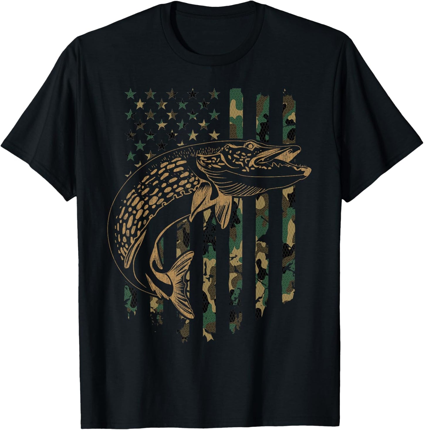 Pike Fishing American Flag Camouflage Muskie Fishing Camo T-Shirt - T-Shirt | Black