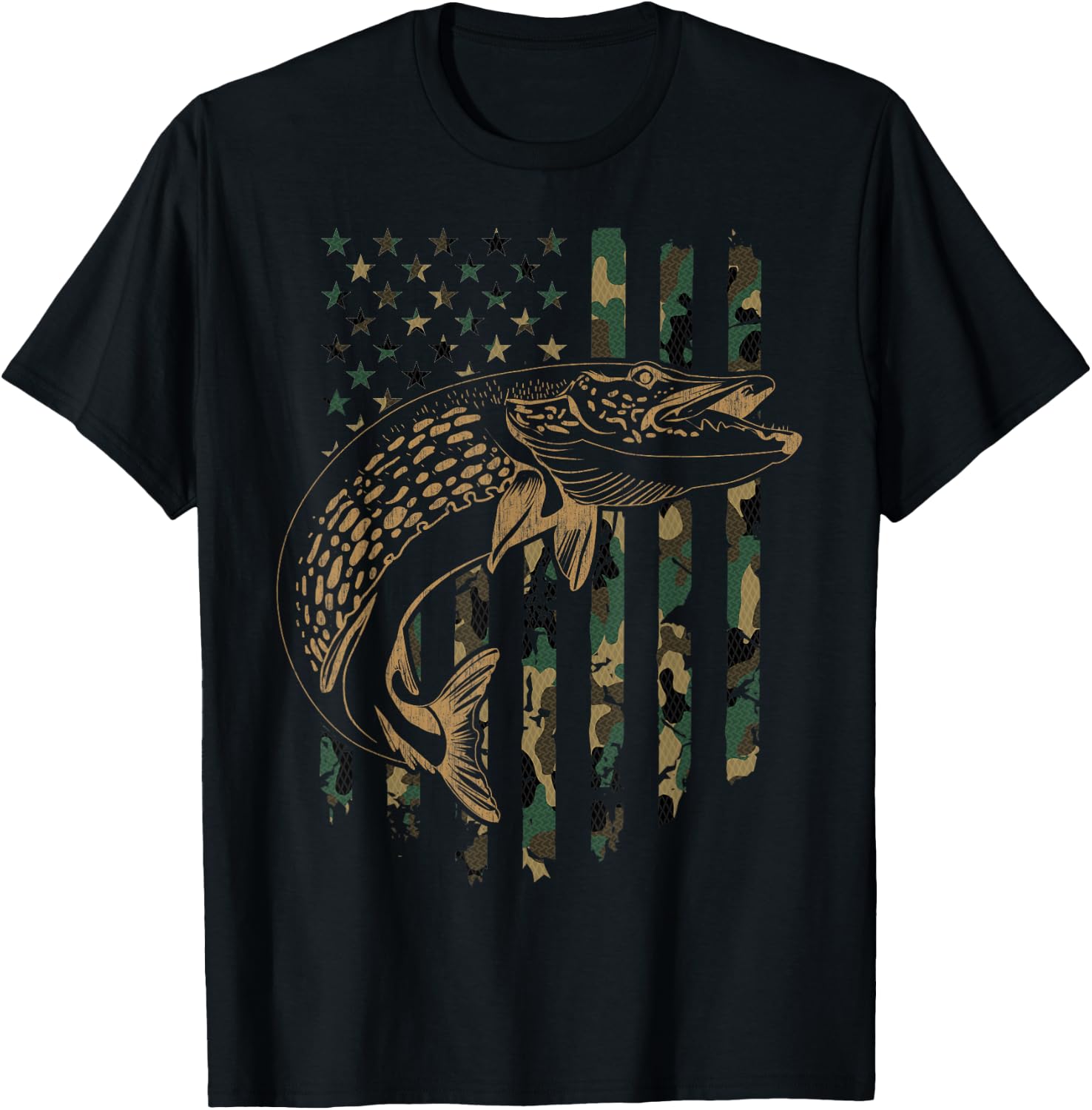 Pike Fishing American Flag Camouflage Muskie Fishing Camo T-Shirt - T-Shirt | Black